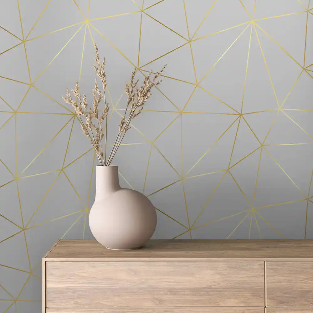 Soft Grey Fine Gold Facet Line Peel & Stick Wallpaper – Prism Lines 0005