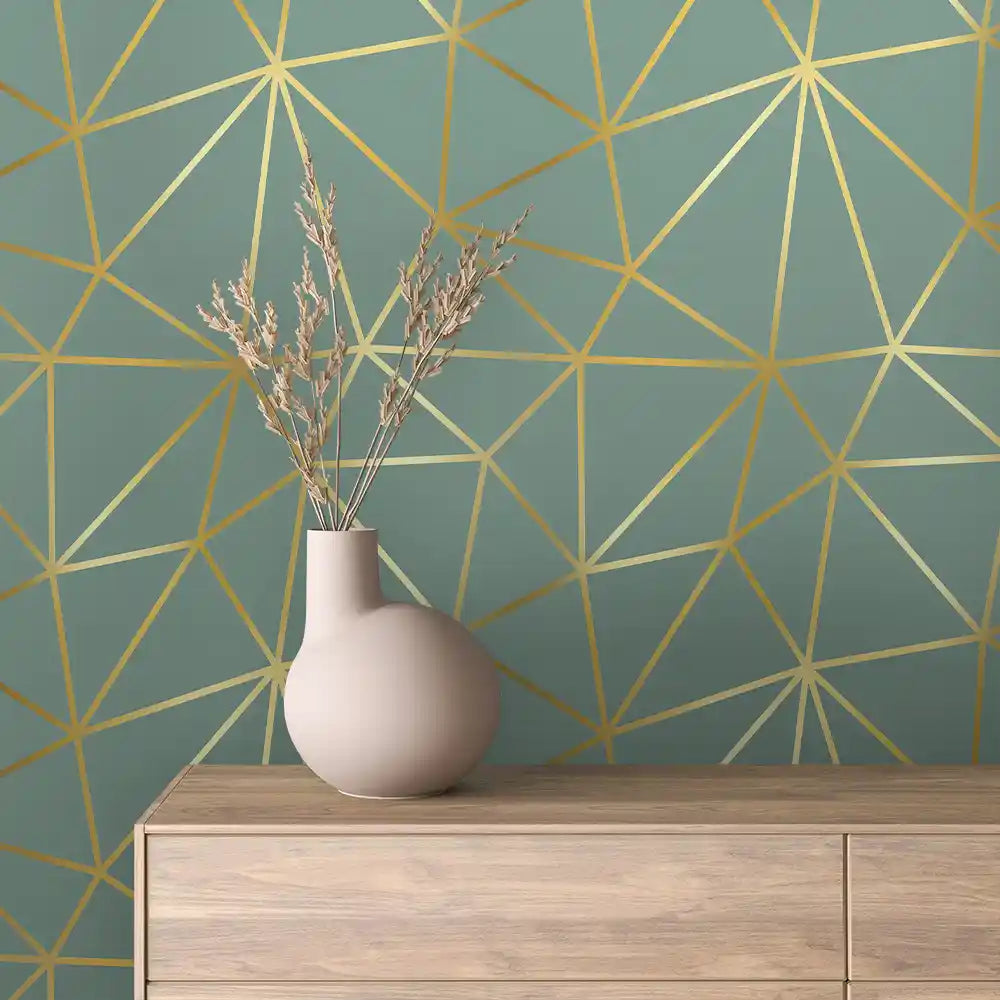Sage Green Bold Gold Facet Line Peel & Stick Wallpaper – Prism Lines 0018