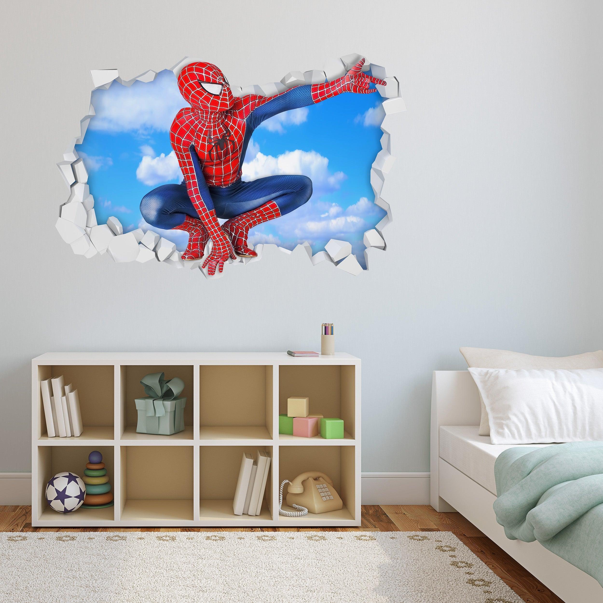 3D Spiderman Breaking thru Wall, Wall Decal Sticker, Removable 109