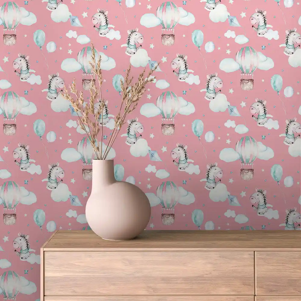 Zebra Hot Air Balloon on Dusty Pink Peel & Stick Wallpaper – Animal Watercolour 0004