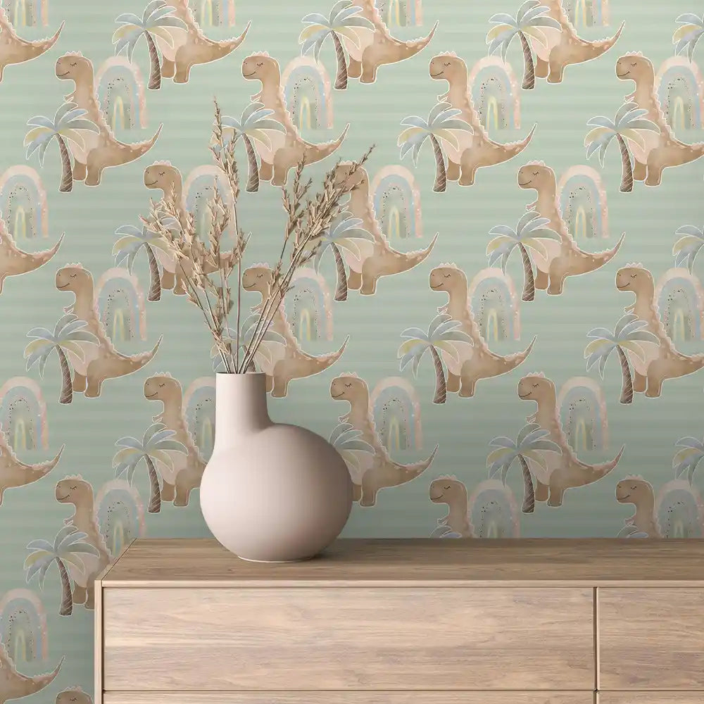 Sage Stripe Dinosaur Rainbow Peel & Stick Wallpaper – Baby 0022