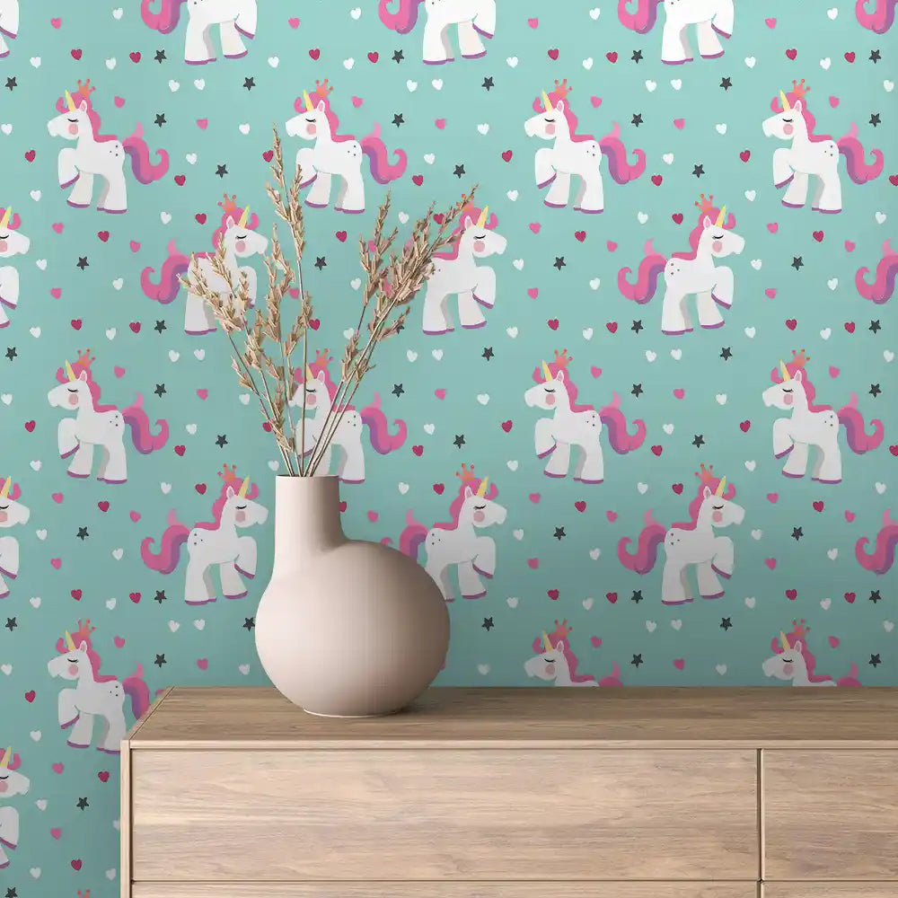 Teal Heart Unicorn Peel & Stick Wallpaper – Baby 0063