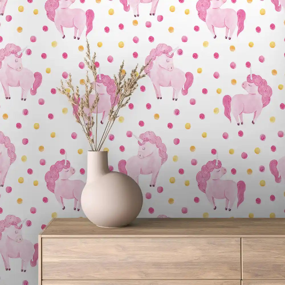 Pink Watercolour Unicorn Dot Peel & Stick Wallpaper – Baby 0069