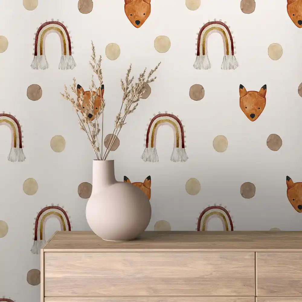Fox Faces Macrame Rainbows and Dots Peel & Stick Wallpaper – Boho Rainbow 0001
