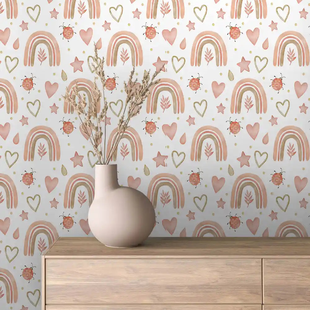Peach Rainbows Hearts and Ladybugs Peel & Stick Wallpaper – Boho Rainbow 0004