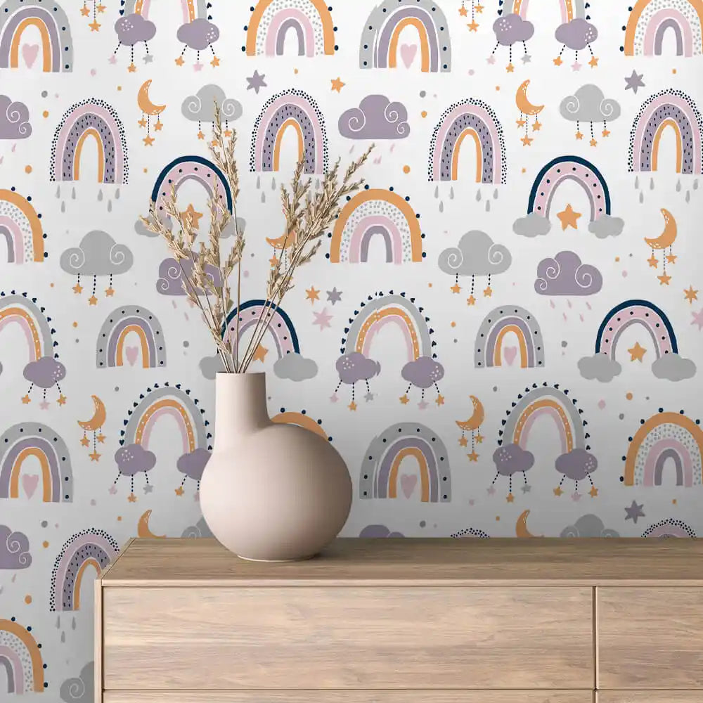 Lilac Grey Rainbows Clouds and Moons Peel & Stick Wallpaper – Boho Rainbow 0009