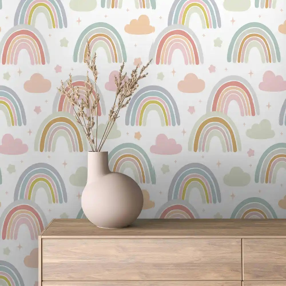 Pastel Rainbow Arches Clouds and Stars Peel & Stick Wallpaper – Boho Rainbow 0010