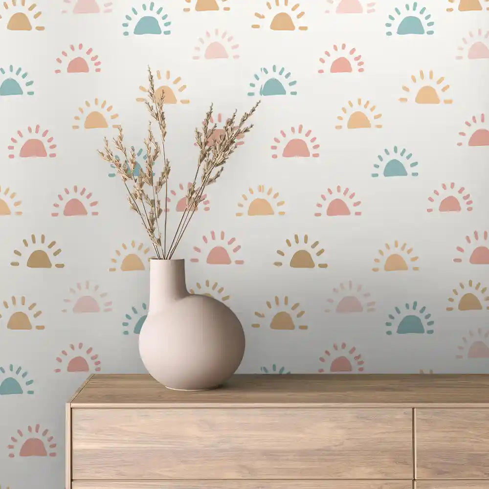 Teal Coral Half Suns on White Peel & Stick Wallpaper – Boho Rainbow 0015