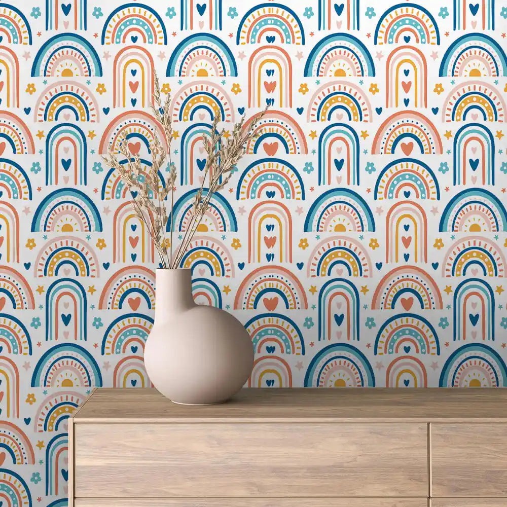 Navy Coral Rainbow Arches with Hearts Peel & Stick Wallpaper – Boho Rainbow 0016