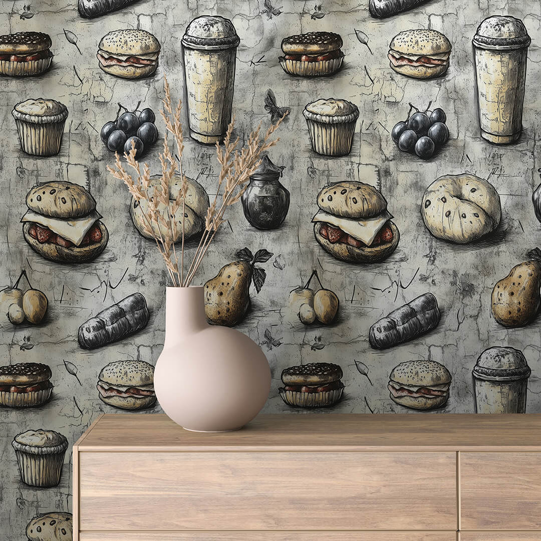 Rustic Cafe Sketchbook Collage Wallpaper mockup