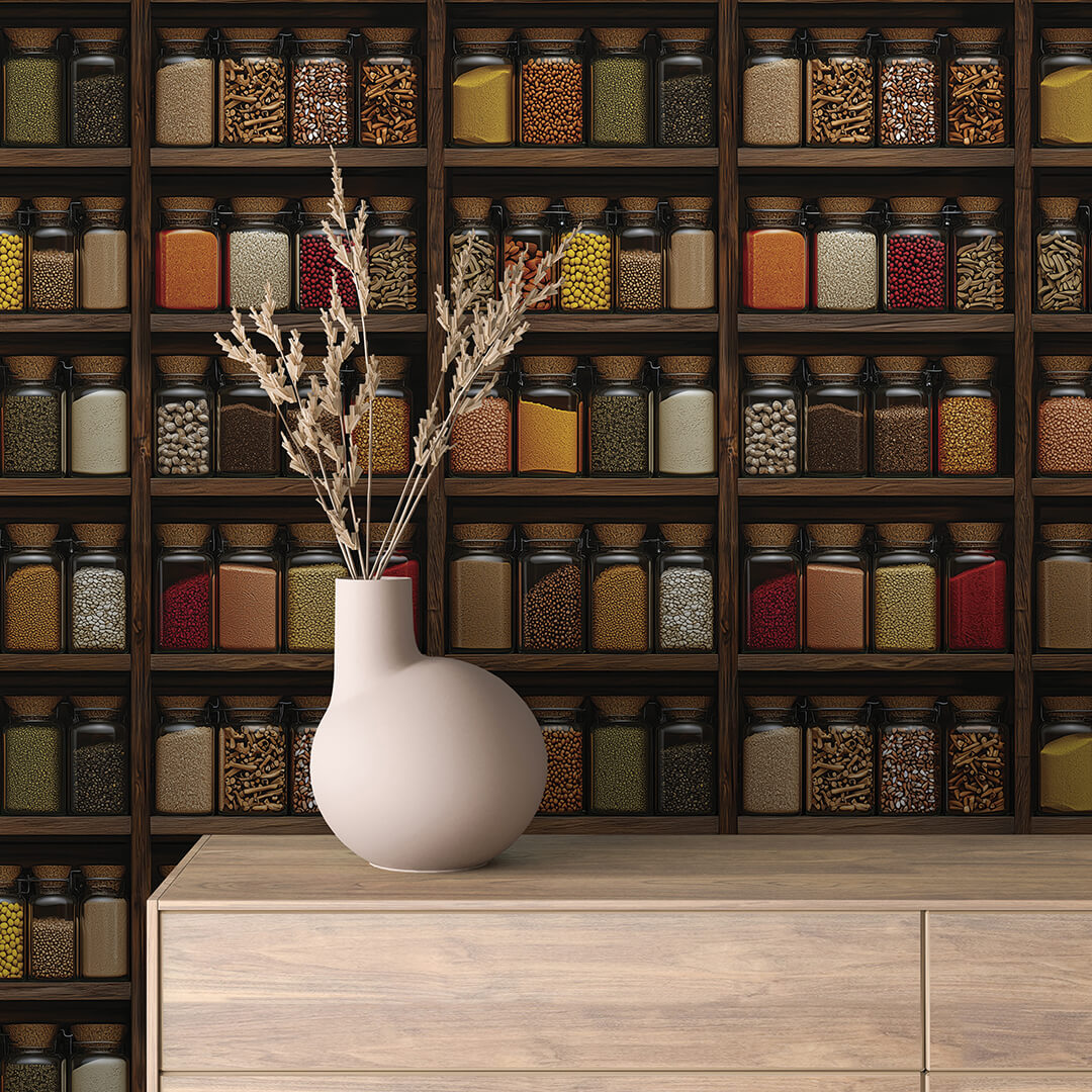 Spice Shop Jar Shelf Wallpaper mockup
