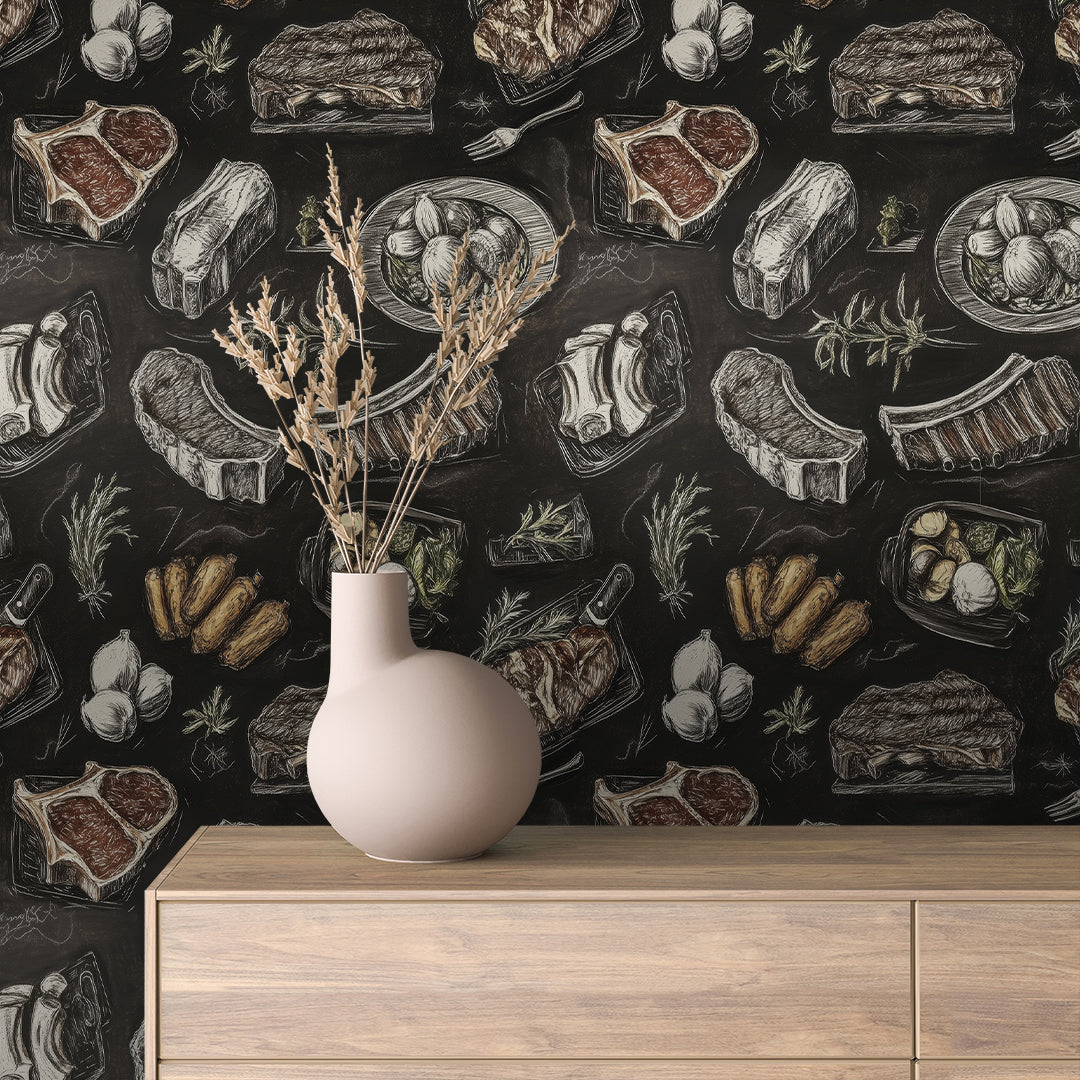 Grilled Steak and Ribs Chalkboard Wallpaper mockup