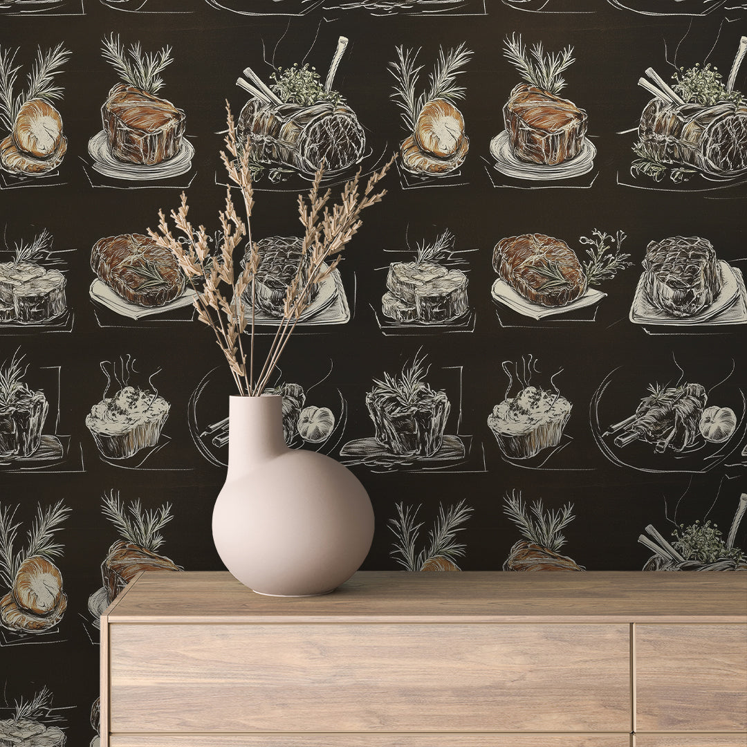 Plated Steak with Rosemary Chalkboard Wallpaper mockup