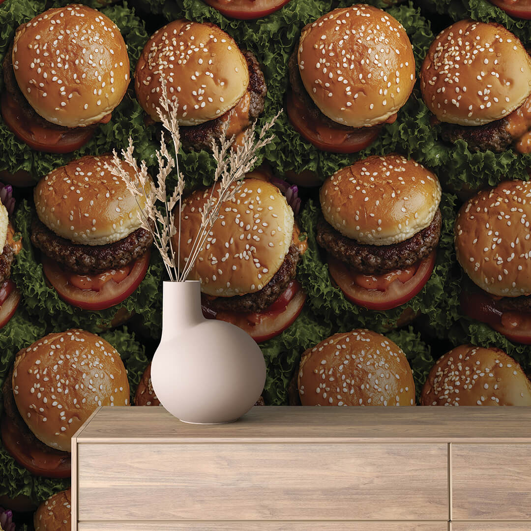 Stacked Burger Photo Pattern Wallpaper mockup