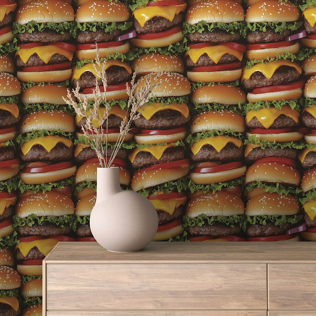 Stacked Cheeseburger Photo Pattern Wallpaper mockup