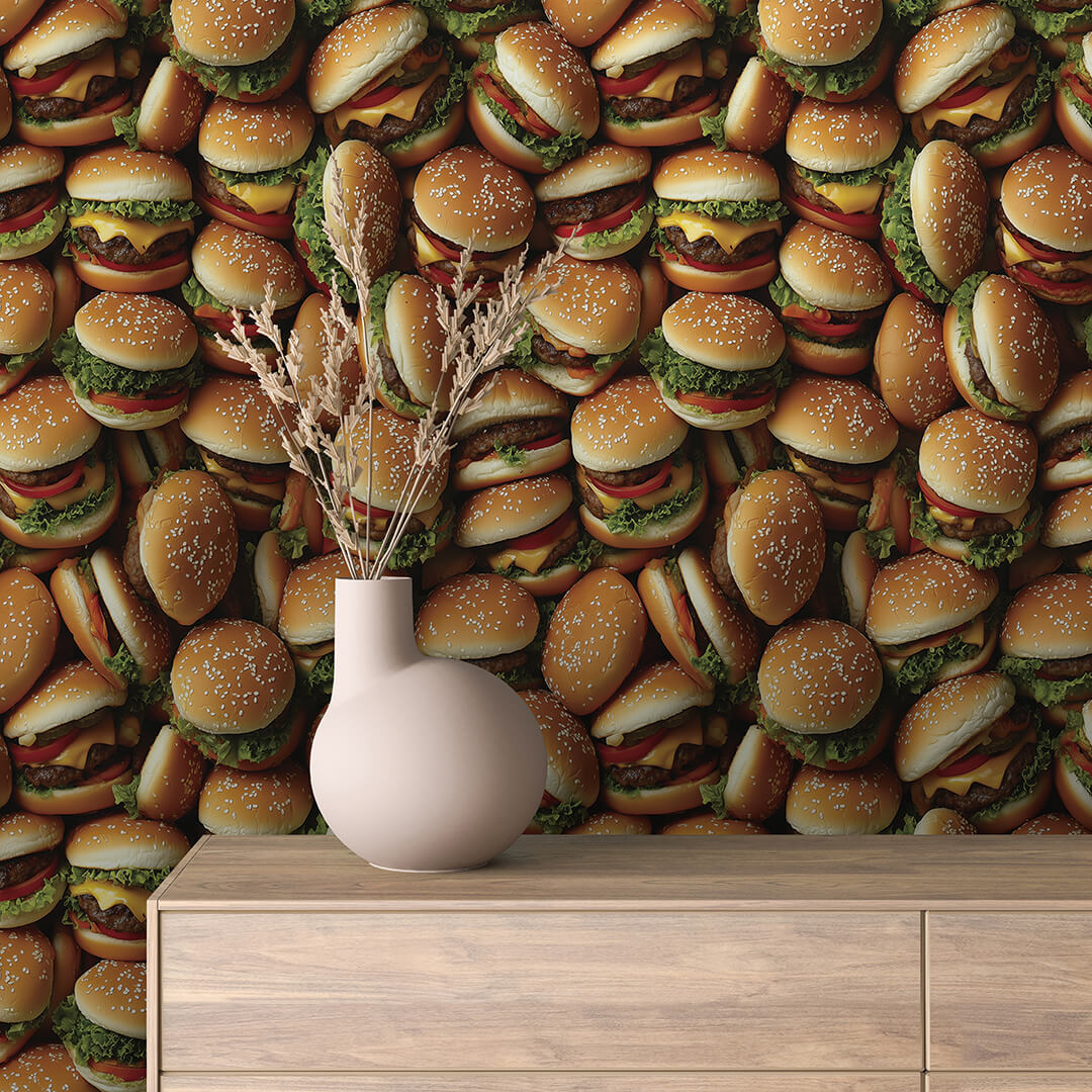 Scattered Cheeseburger Photo Pattern Wallpaper mockup