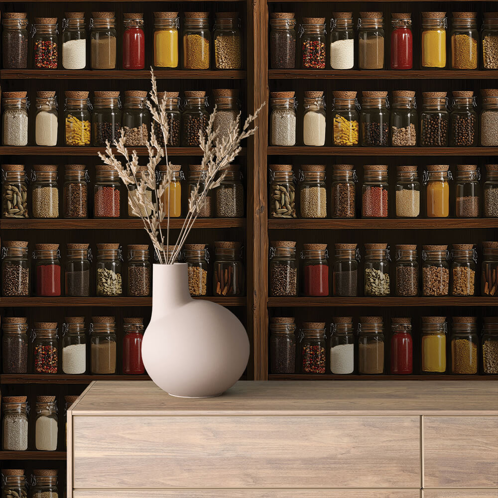 Apothecary Spice Jar Shelf Wallpaper mockup