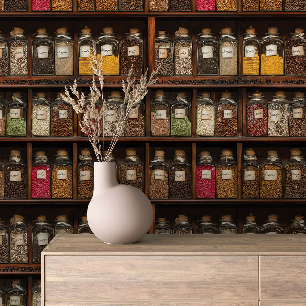 Labeled Spice Jar Shelf Wallpaper mockup
