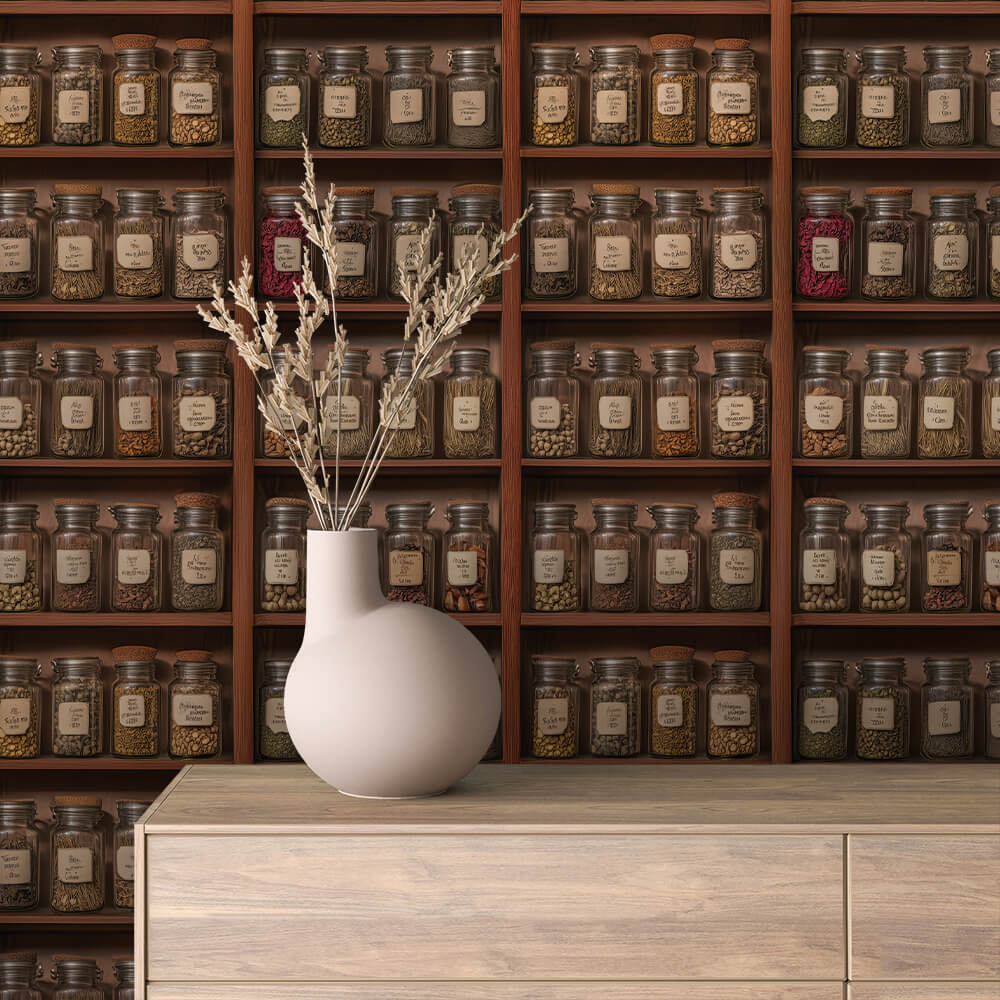 Rustic Spice Merchant Shelf Wallpaper mockup