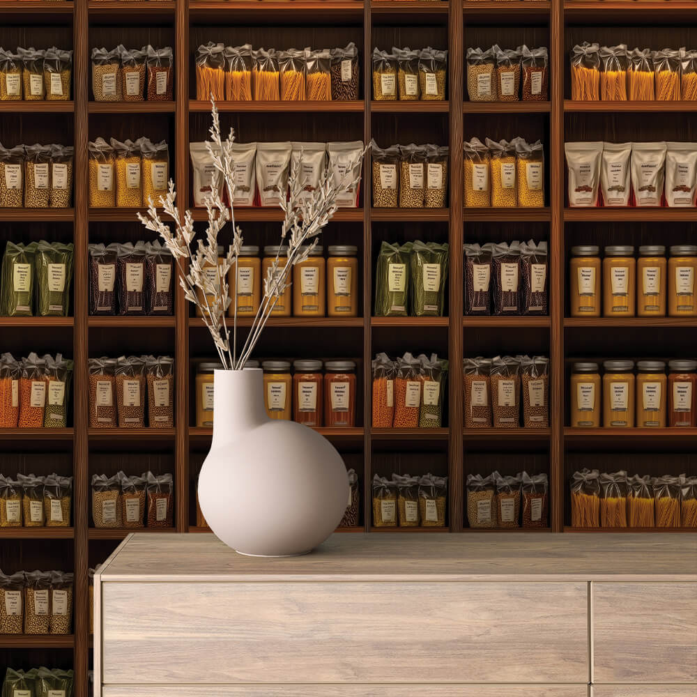 Pantry Goods Shelf Wallpaper mockup