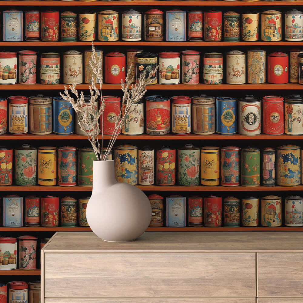 Vintage Tea Tin Shelf Wallpaper mockup