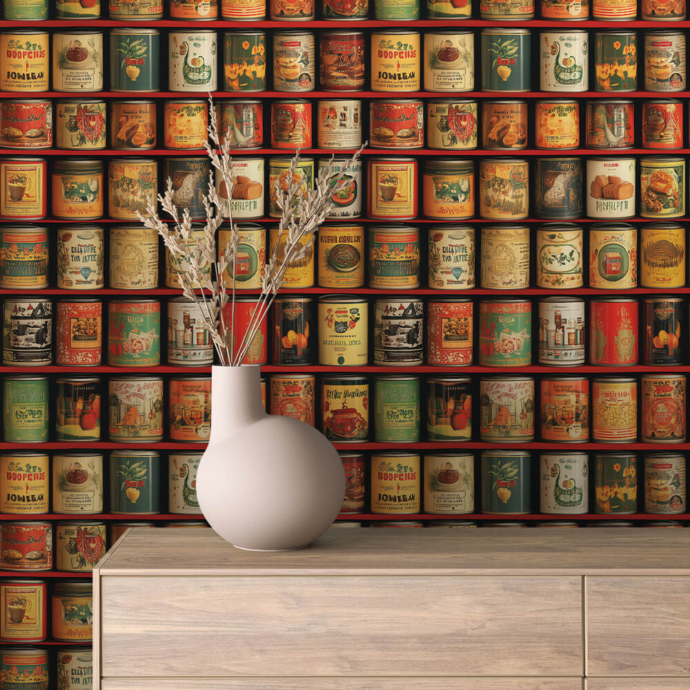 Vintage Canned Goods Shelf Wallpaper mockup