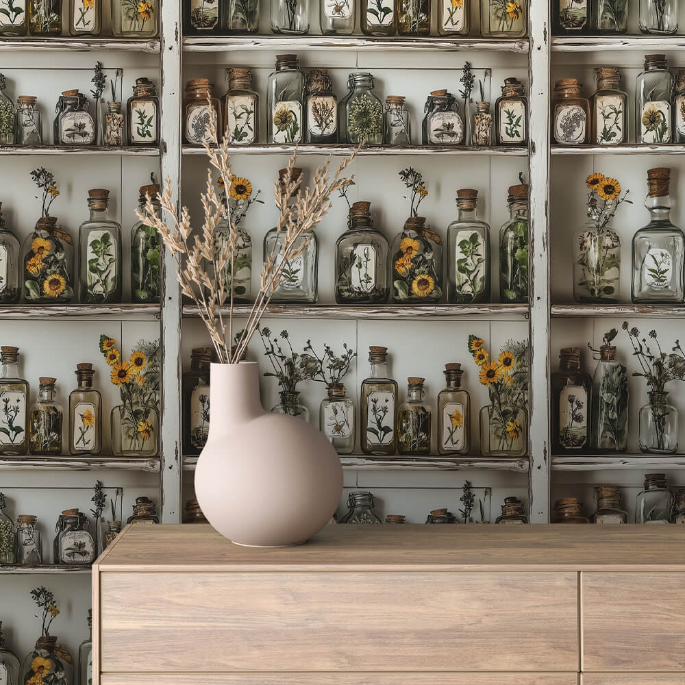 Rustic Apothecary Bottle Shelf Wallpaper mockup