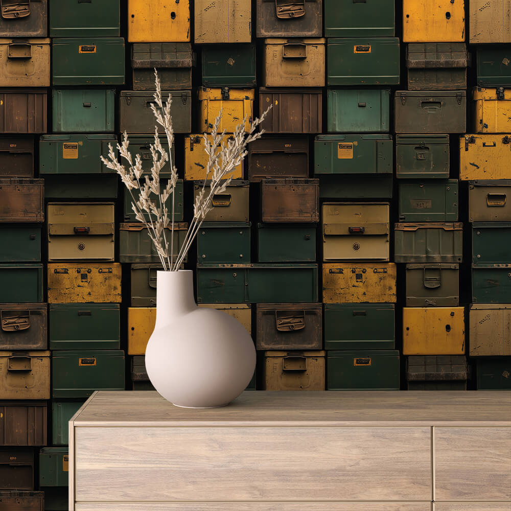 Vintage Metal Trunk Stack Wallpaper mockup