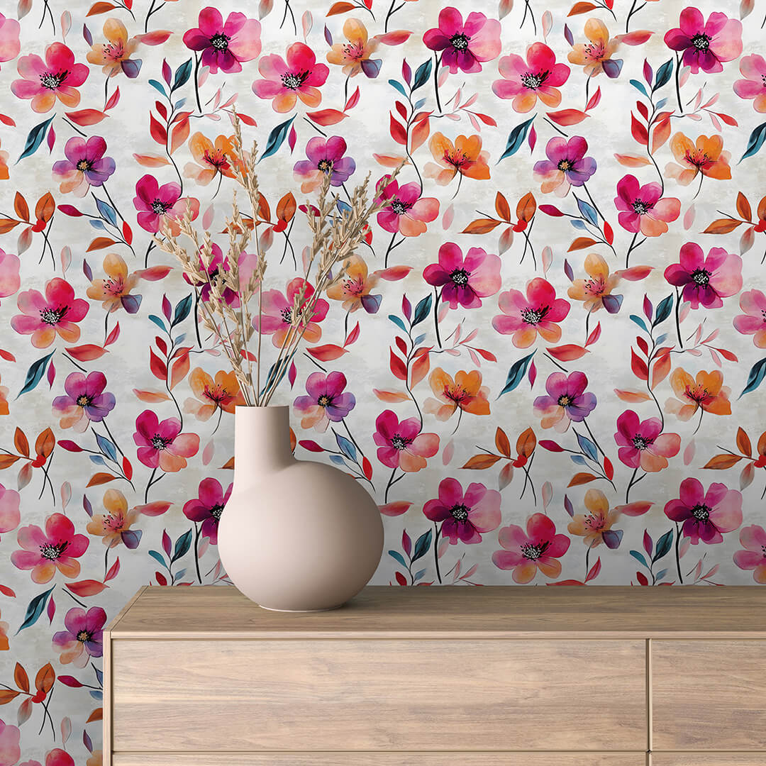 Coral Watercolor Floral Peel & Stick Wallpaper – Floral 0001