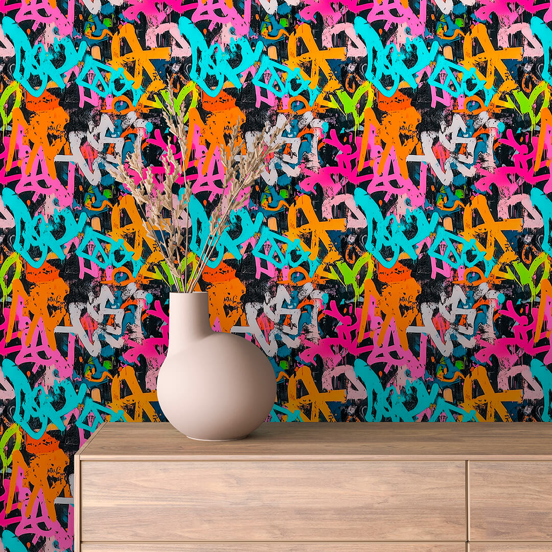 Hot Pink Teal Orange Wildstyle Tags Peel & Stick Wallpaper – Techno-Geek 0002