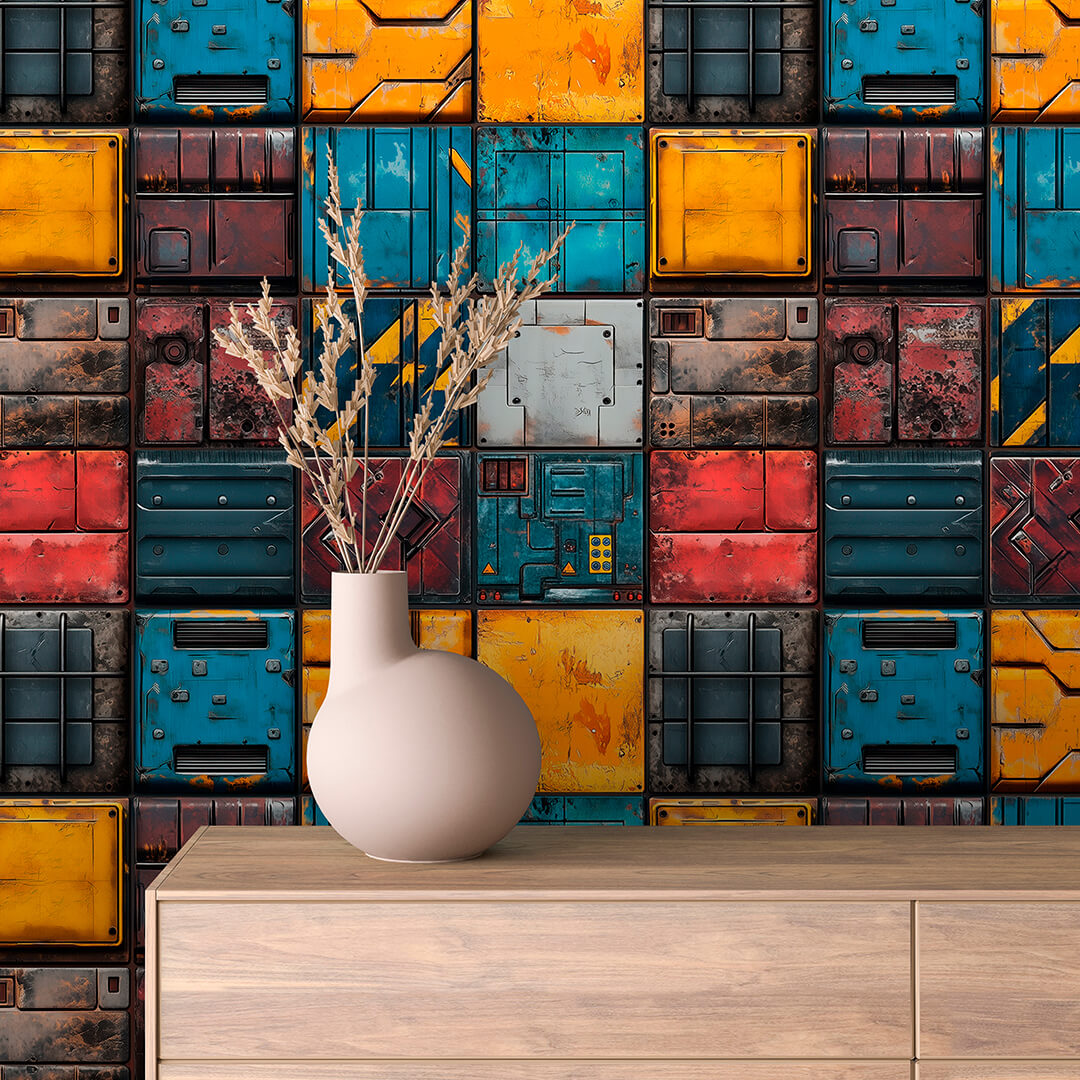 Rusty Industrial Panel Grid Peel & Stick Wallpaper – Techno-Geek 0008