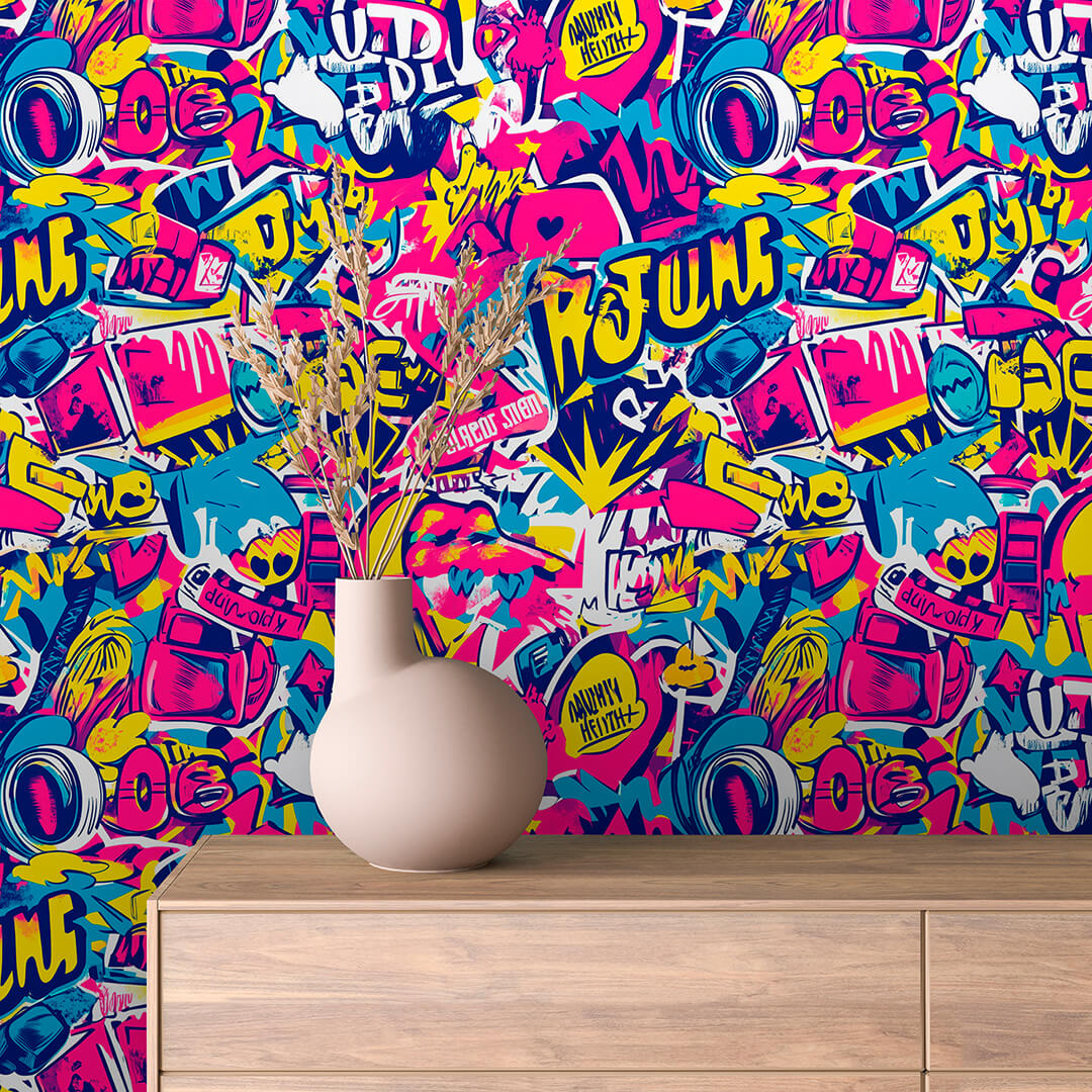 Pink Blue Yellow Comic Tag Mashup Peel & Stick Wallpaper – Techno-Geek 0015