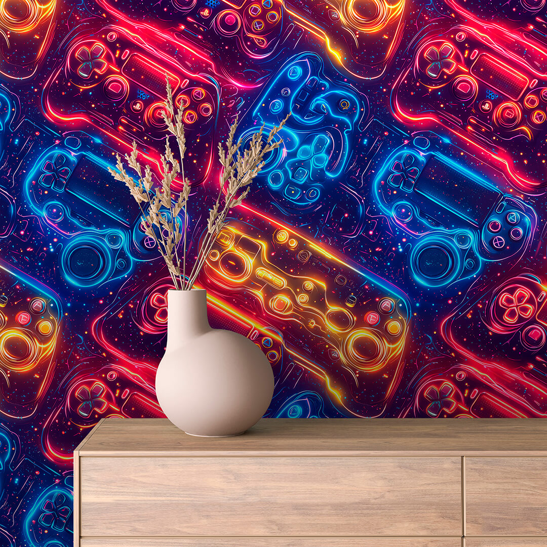 Neon Glow Game Controllers Peel & Stick Wallpaper – Techno-Geek 0020
