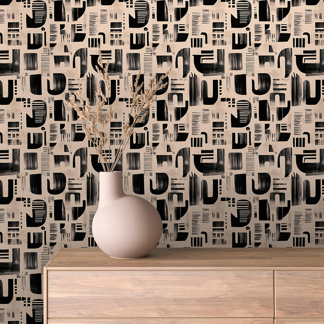 Brushed Ink U-Shape Abstract Peel & Stick Wallpaper – Geometric 0004