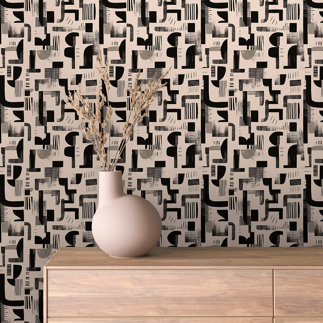 Blush Inked Brushwork Grid Peel & Stick Wallpaper – Geometric 0005