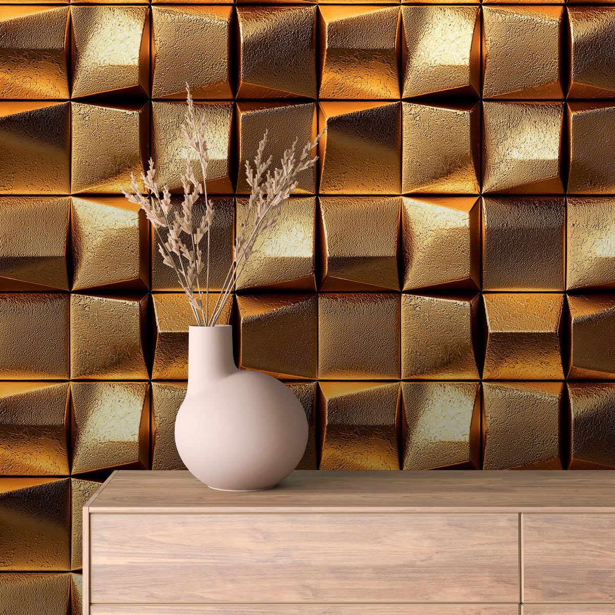Burnished Gold Cushion Tile Peel & Stick Wallpaper – Golden 0009
