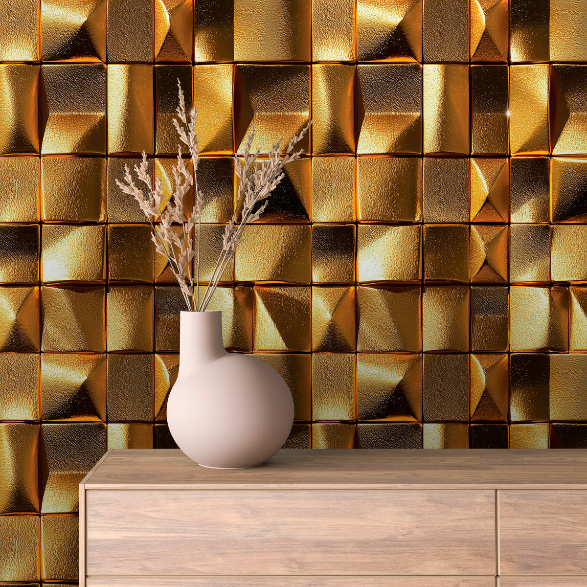 Radiant Gold Faceted Tile Peel & Stick Wallpaper – Golden 0010