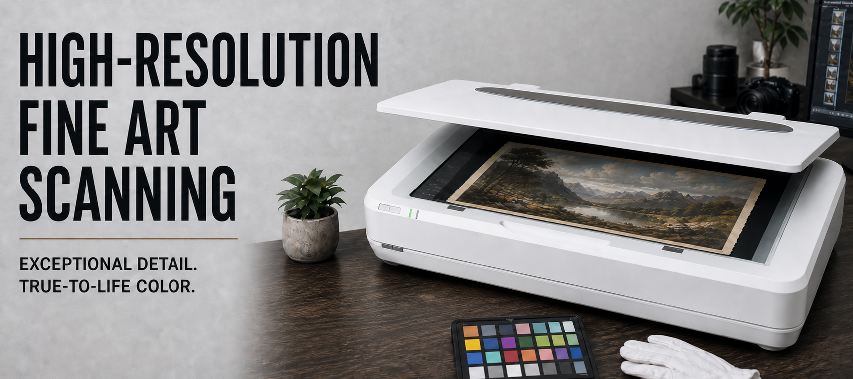 A white high-resolution fine art scanner shown open with a landscape painting inside, placed on a dark wooden table in a styled indoor setting. Large text on the left reads 'HIGH-RESOLUTION FINE ART SCANNING' with smaller supporting text below.