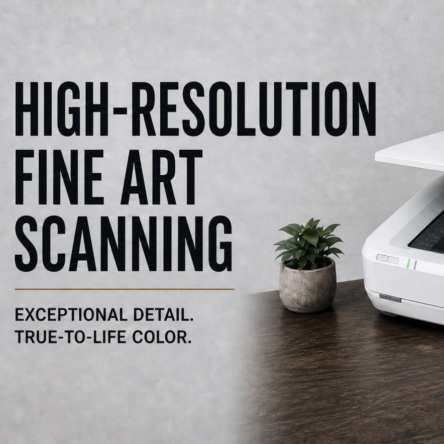 A white high-resolution fine art scanner shown open with a landscape painting inside, placed on a dark wooden table in a styled indoor setting. Large text on the left reads 'HIGH-RESOLUTION FINE ART SCANNING' with smaller supporting text below.