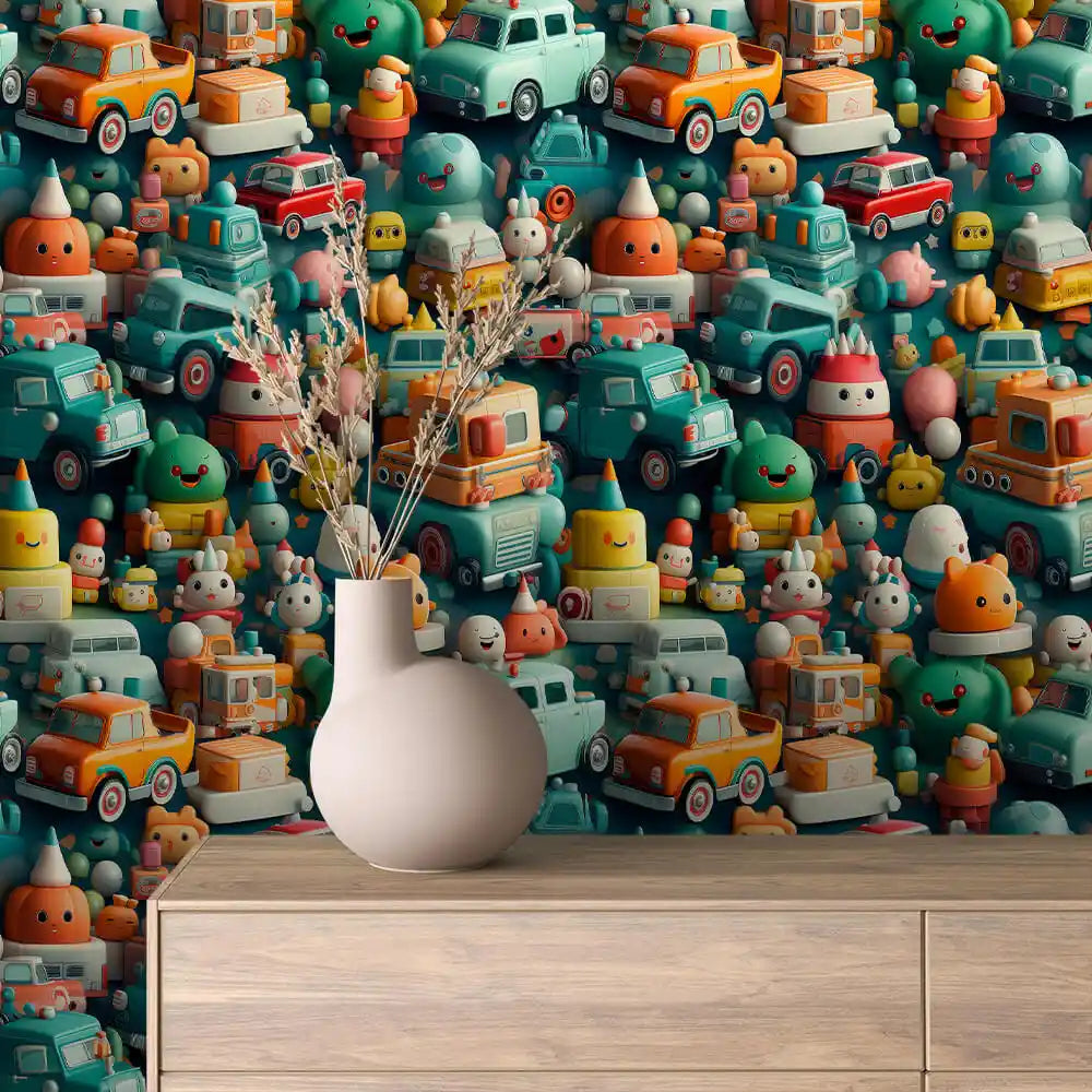 Kawaii Trucks and Critters on Teal Peel & Stick Wallpaper – Toy Box 0060