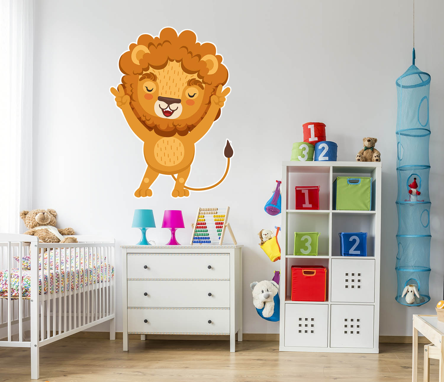 Animated Lion, Arms Up, Wall Decal Sticker, Removable, Soft Fabric Decal