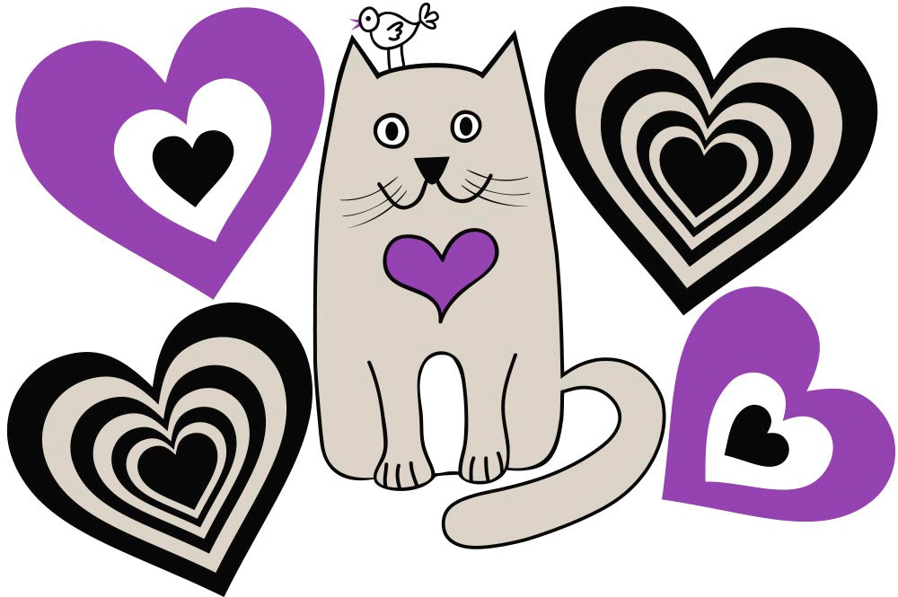 Adorable Purple Kitty with hearts Wall, Wall Decal Sticker, Removable, 5 Separate decals