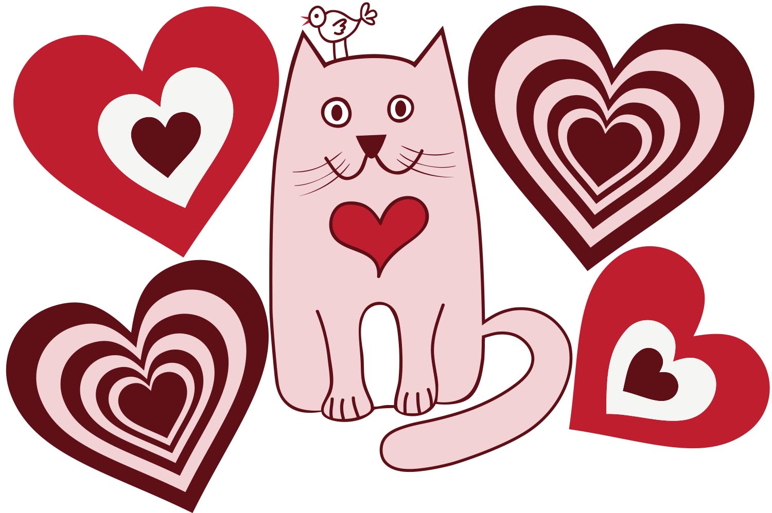Adorable Pink Kitty with hearts Wall, Wall Decal Sticker, Removable, 5 Separate decals