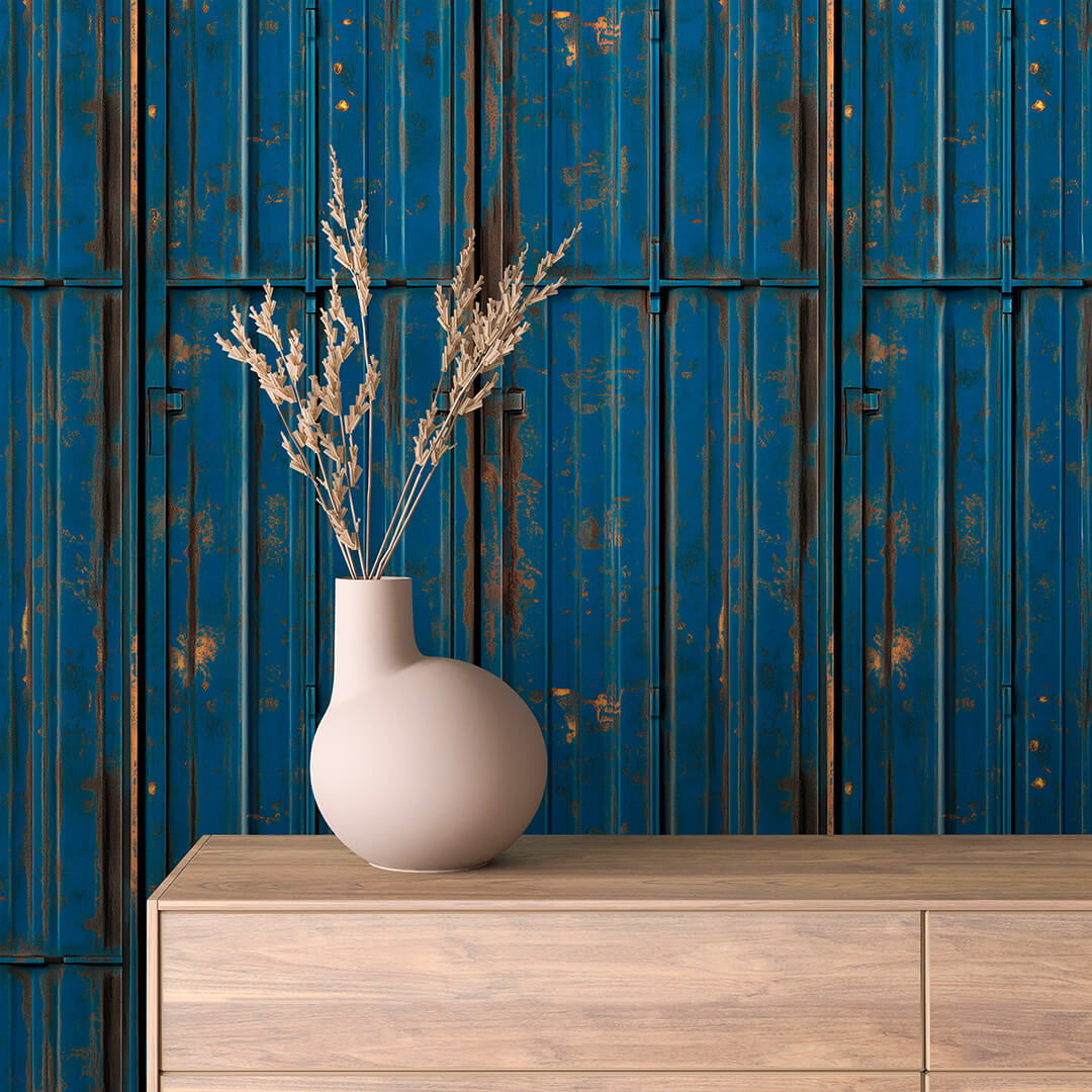 Rust-Streaked Blue Container Peel & Stick Wallpaper – Metal 0006
