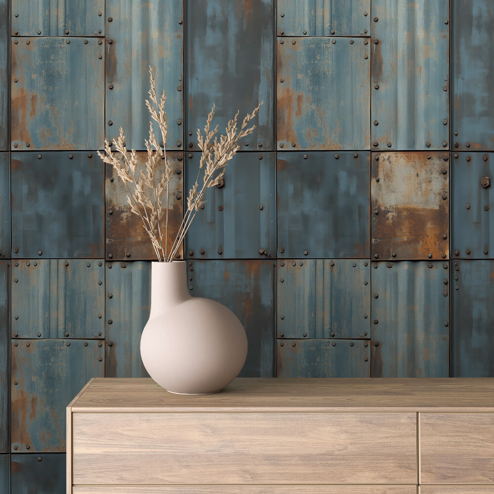 Weathered Blue Riveted Plate Peel & Stick Wallpaper – Metal 0023