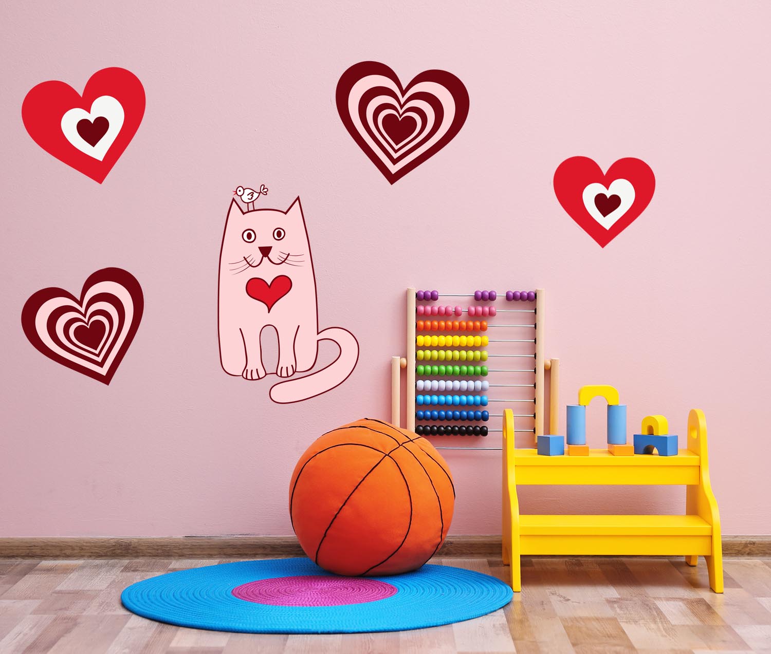 Adorable Pink Kitty with hearts Wall, Wall Decal Sticker, Removable, 5 Separate decals