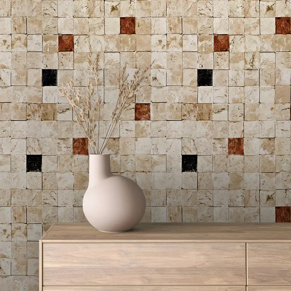 Rust Accent Travertine Mosaic Stone Peel & Stick Wallpaper – Stone 0048