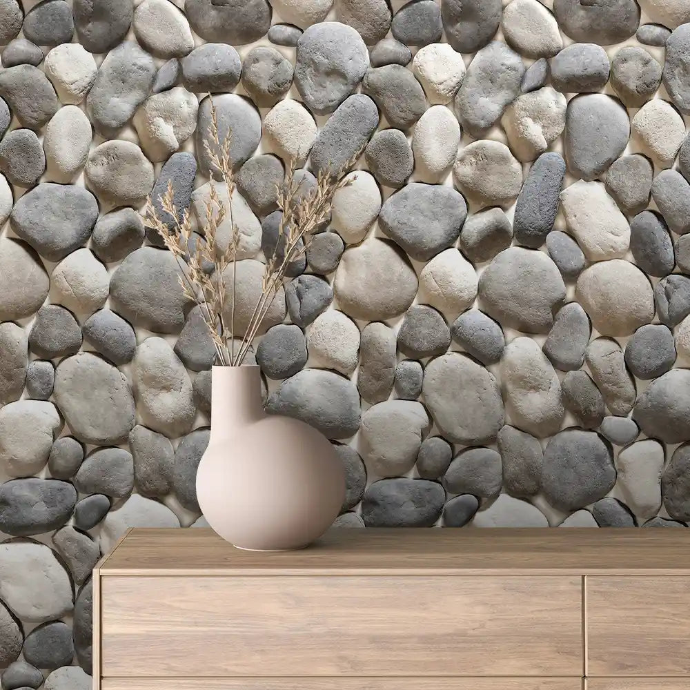 Grey Cream River Pebble Stone Peel & Stick Wallpaper – Stone 0063