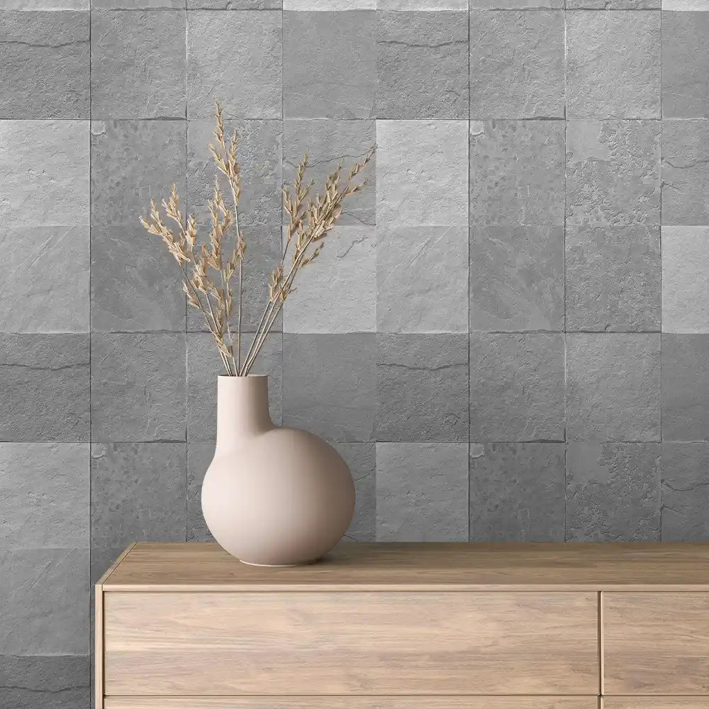 Grey Slate Square Tile Stone Peel & Stick Wallpaper – Stone 0068