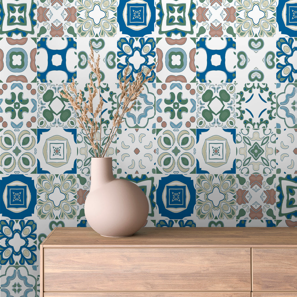 Soft Sage and Cobalt Tile Peel & Stick Wallpaper – Tile 0014
